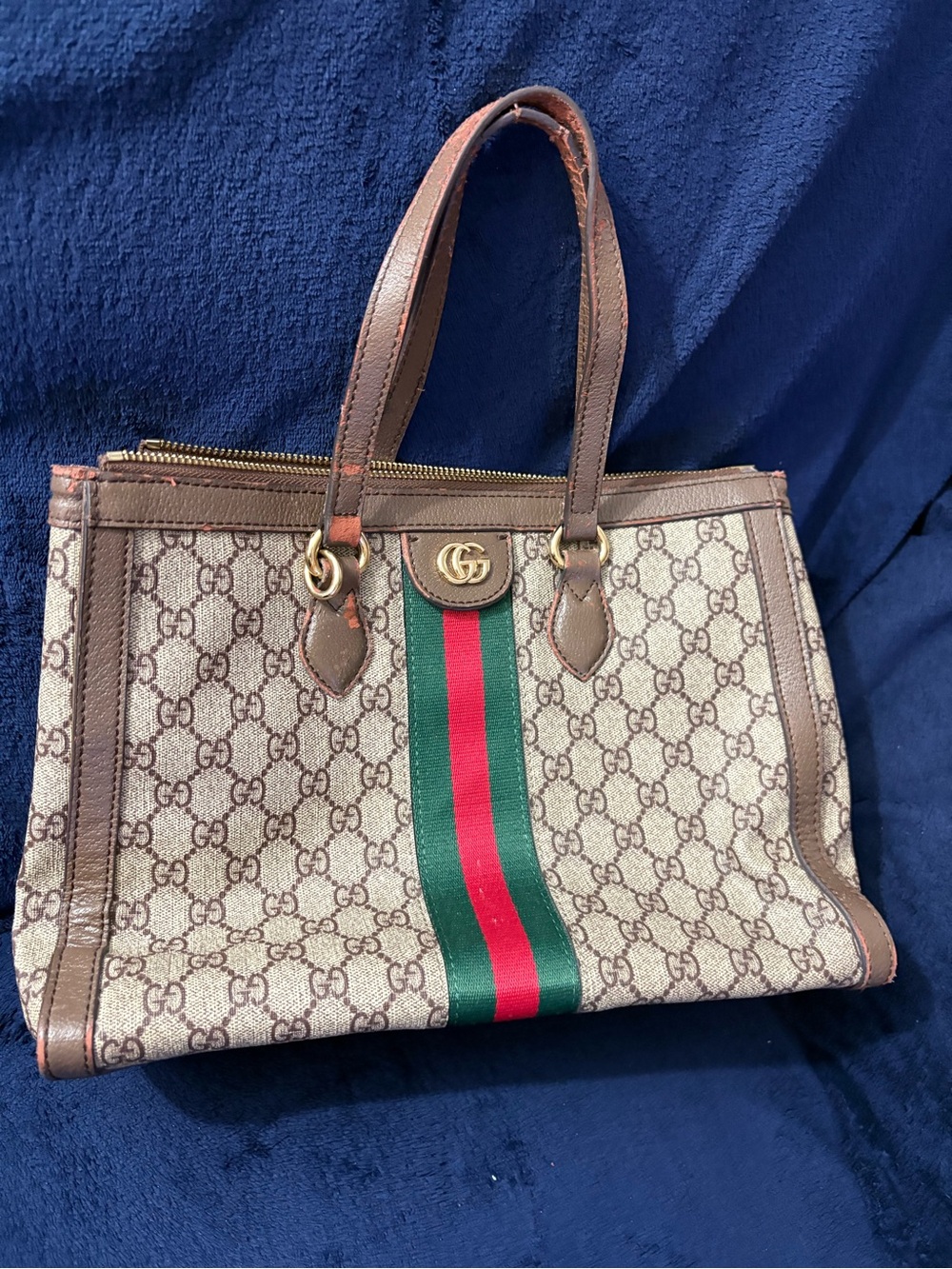 Gucci Beige GG Canvas Tote with Green-Red Center Stripe worn and peeling spots